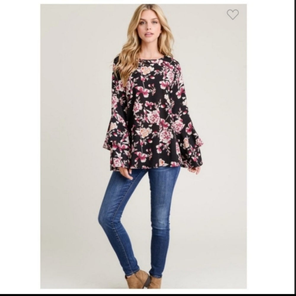 JODIFL Peplum Black Pink Floral Belll Sleeve Blouse NWT